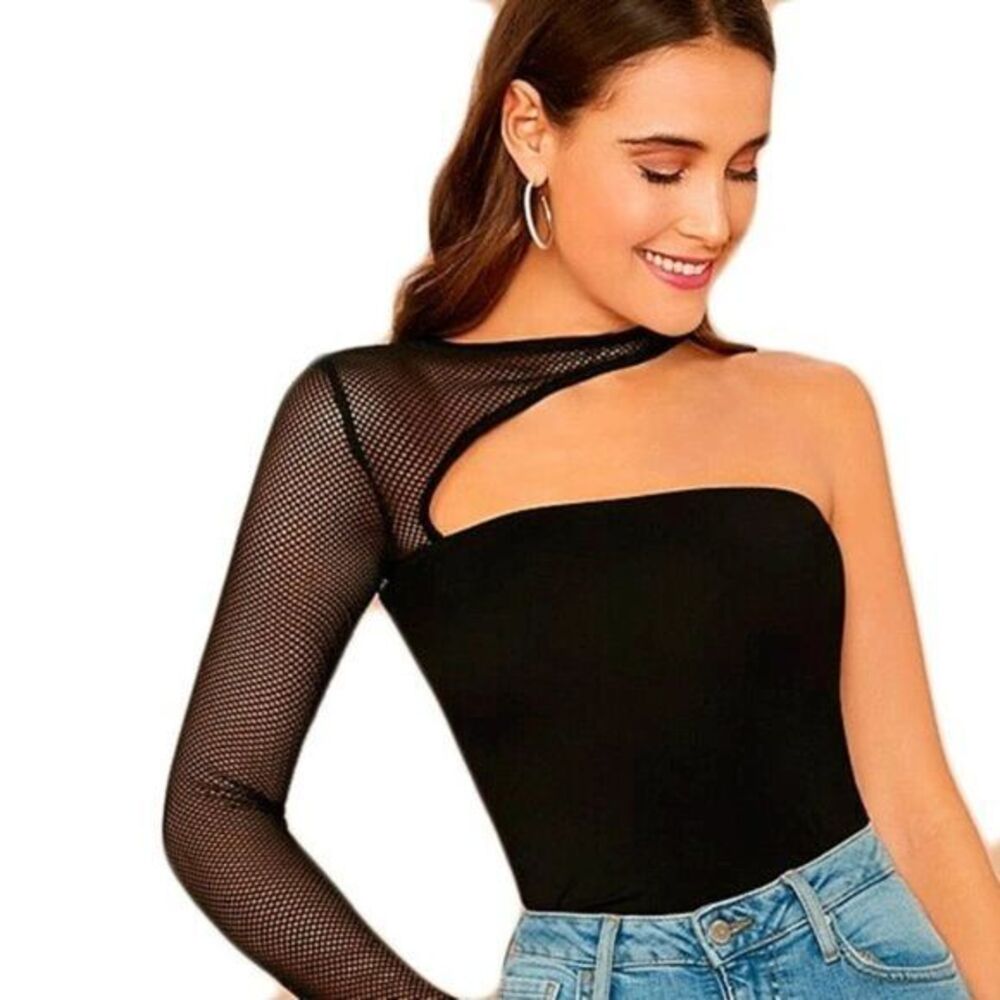 Choker Asymmetrical Neck Mesh Panel Fitted top